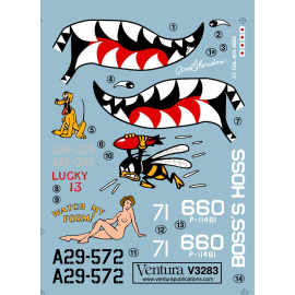 Decals Curtiss P-40s. American Volunteer Group P-40N and RAAF P-40M and Ns.Package includes two sheets. One with blue and white 