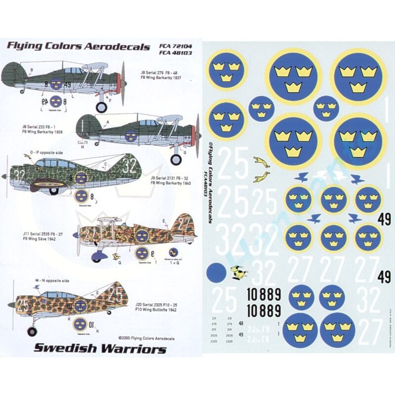 Swedish Air Force Fiat CR.42 F9-27 1942 Re.2000 F10-25 1942 both Italian style camouflage P-35A F8-32 Top Olive green/zinc chrom