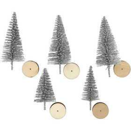 Christmas Spruce Trees, H: 40+60 mm, silver, 5pcs Thread, twines and accessories