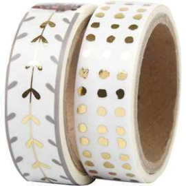 Washi Tape, W: 15 mm, white, gold, hearts and dots - foil, 2x4m Adhesives