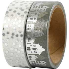 Washi Tape, W: 15 mm, silver, houses and dots - foil, 2x4m Adhesives