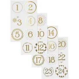 Christmas calendar number stickers, D: 40 mm, sheet 9x14 cm, white, gold, 4sheets Sticker