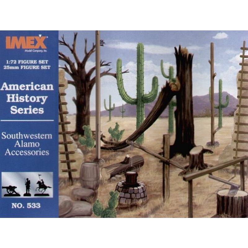 Alamo Acessory Set. Contains cacti flag poles ladders barrels chopping block dead trees. Figures