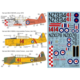 Decals RNZAF Harvard Mk.IIs. Three options. - Kiwi Roundel, Red Checkers aerobatics team. - 1941 “yellow canary" scheme. - 1942 