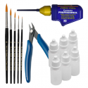 Pack with 6 paints, 5 brushes, glue and cutting pliers