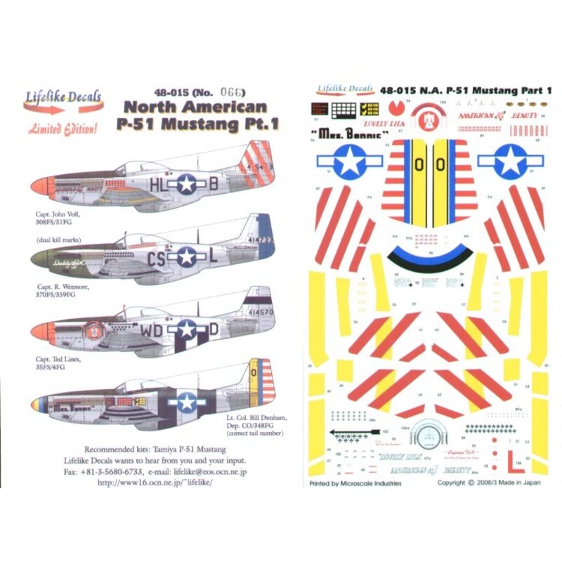 North American P-51D Mustangs Part 1. (4) 415459 HL-B 308 FS/31 FG Capt John Voll `American Beauty/Luvely Lila′ Red bands on tai