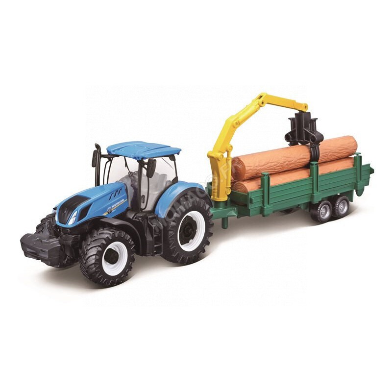 NEW HOLLAND T7.315 WITH WOOD TRAILER - FRICTION TRACTOR Die cast farm
