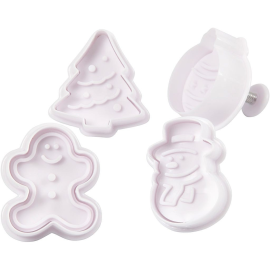 Cookie Cutters with Stamp, White, Christmas Tree, Snowman, Gingerbread Man, Christmas Ball, H: 5 cm, 4 pcs / 1 Pq. 