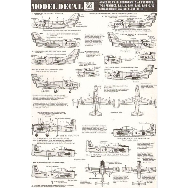 Decals Armee de L′Air. Dassault MD 450 Ouragan 2/4EC. 4 ATAF 1953-55 eight units represented North American T-28A Trojan Fennec 