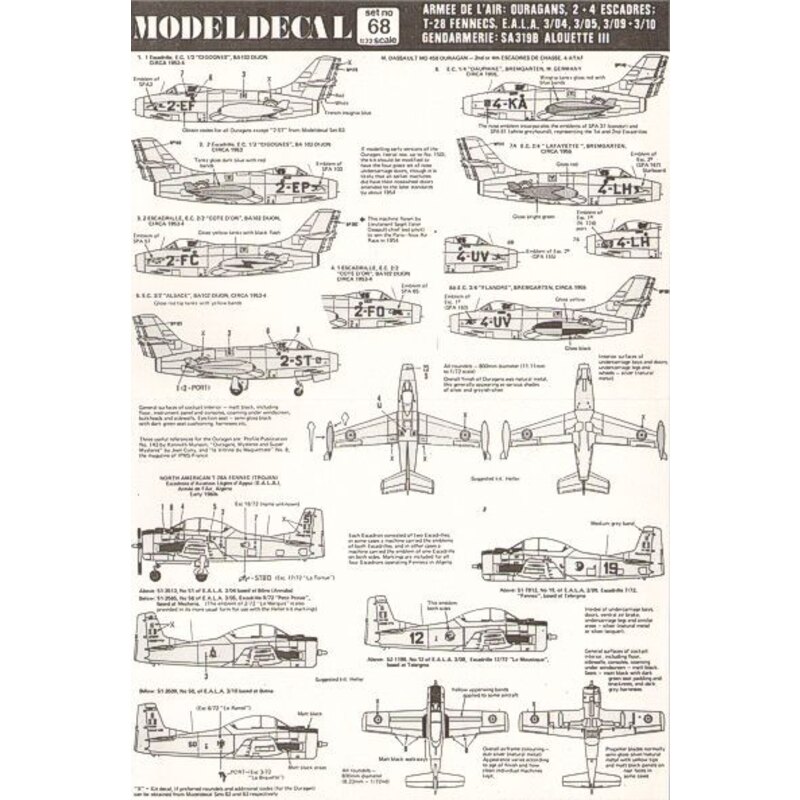 Armee de L′Air. Dassault MD 450 Ouragan 2/4EC. 4 ATAF 1953-55 eight units represented North American T-28A Trojan Fennec 1960 an