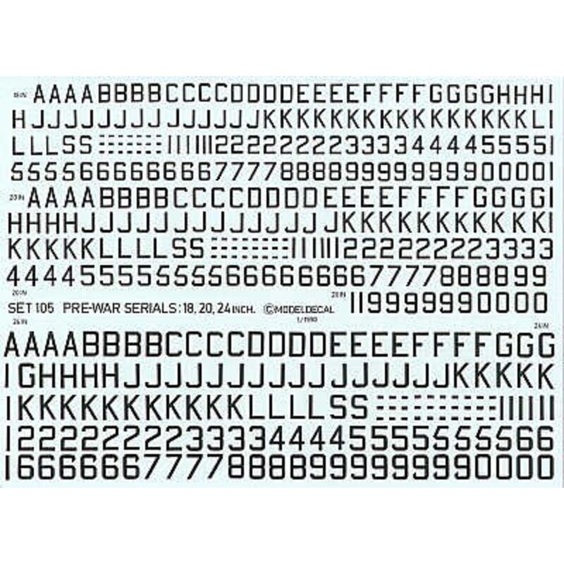 Decals RAF pre-war black serial letters and numerals 18 20 24 in standard width styles (RAF codes/RAF code letters/RAF serial nu