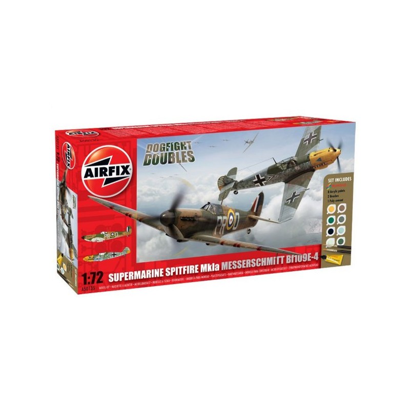 Spitfire Mk.1A / Messerschmitt Bf 109E Dogfight Double Starter Set includes Acrylic paints, brushes and poly cement Model kit