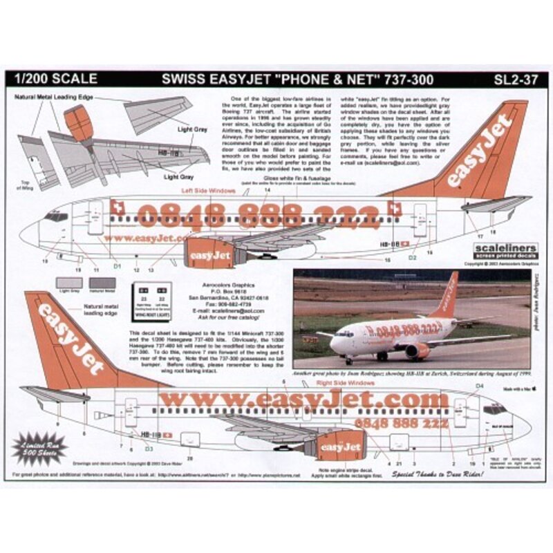 Boeing 737-300 EasyJet HB-IIB Web site and Swiss Phone Number combo