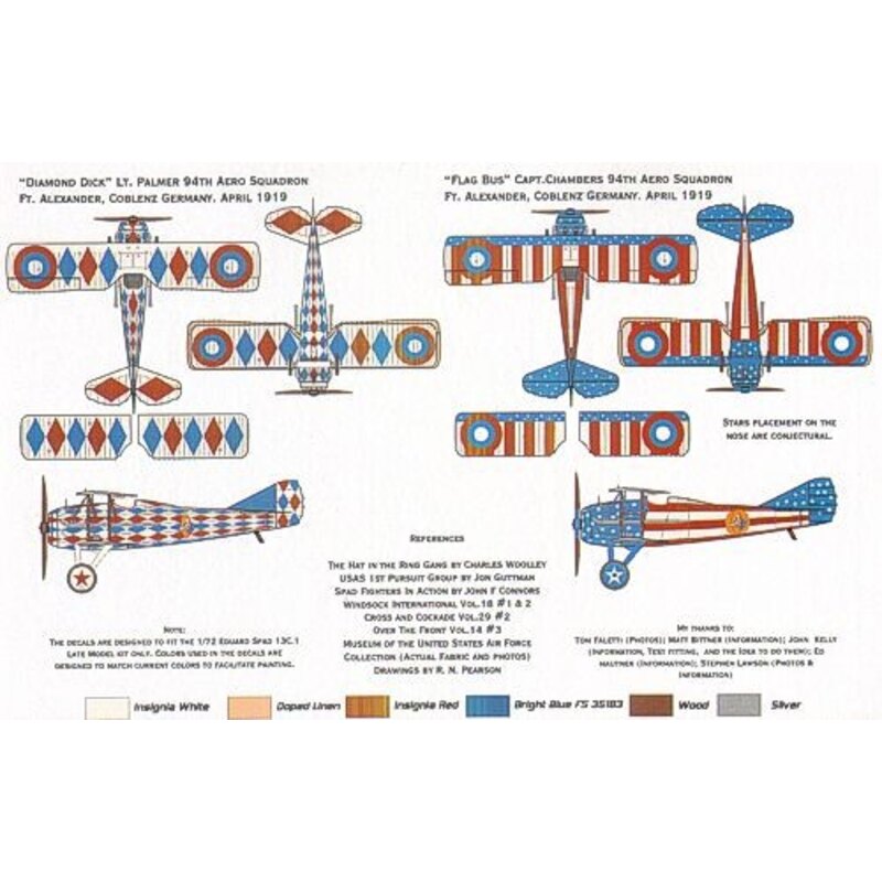 AEF Showbirds Part 1. Designed for the Eduard Spad 13C.1 (Late) kit. Markings for two aircraft: Diamond Dick and Flag Bus Specia