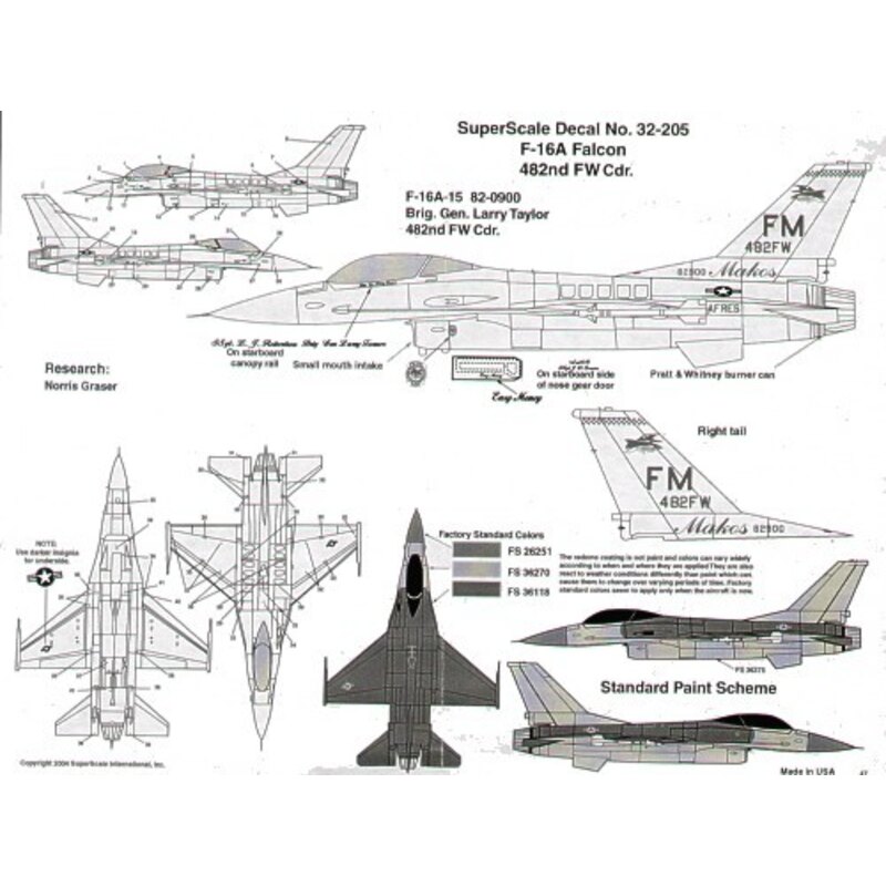 General Dynamics F-16A Fighting Falcon (1) 82-900/FM 482FW ′Makos′ Brig.Gen Larry Taylor Air Force Reserve