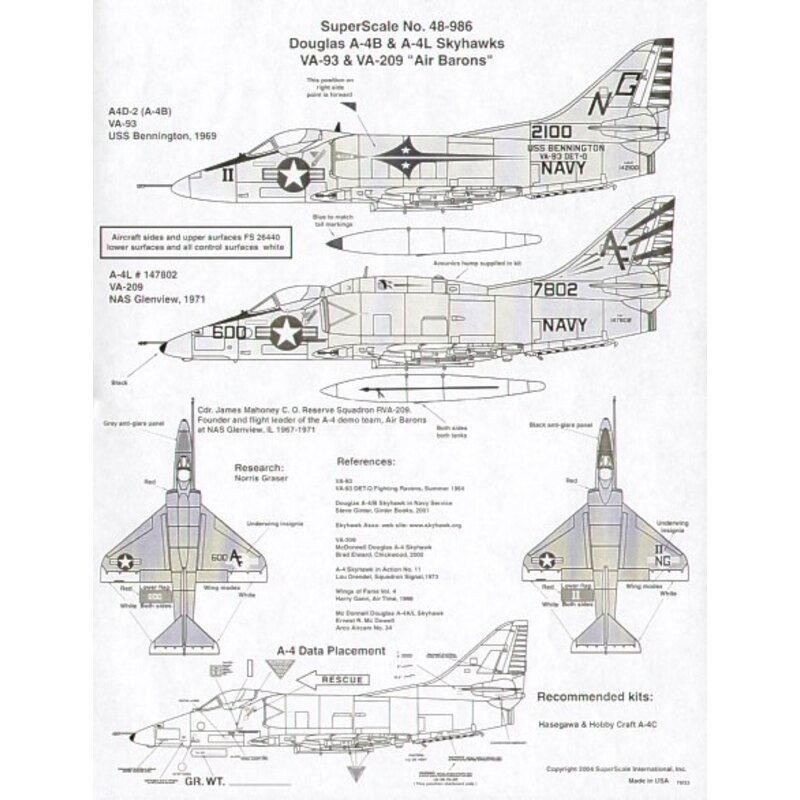 Douglas A-4B/Douglas A-4L Skyhawks (2) 142100 NG/11 VA-93 USS Bennington 1969 147802 AF/600 VA-209 Air Barons NAS Glenview 1971