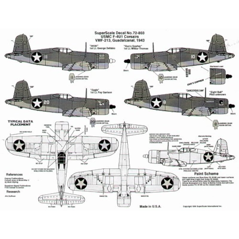 F-4U-1 Corsair USMC VMF-213 Guadalcanal 1943 (4) No 11 Defab No 10 Gus′s Gopher No 20 Eagle No 8 Dangerous Dan. all two tone sch