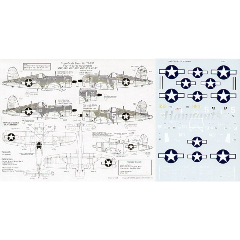 Vought F4U-1A/FG-1A Corsairs (4) No 51 VMF-113 `Get em Blue Dog′ Marshall Isl 1944 No 143 VMF-122 `Blue Baron′ Peleliu 1944 No 9