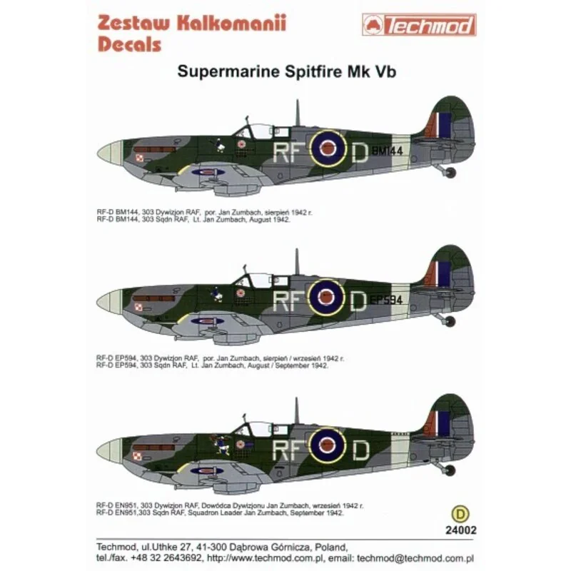 Supermarine Spitfire Mk.Vb (3) all RF-D Flt Lt/ Sqd Ldr Jan Zumbach 303 Polish Squadron with Donald Duck cartoons. BM144 EP594 E