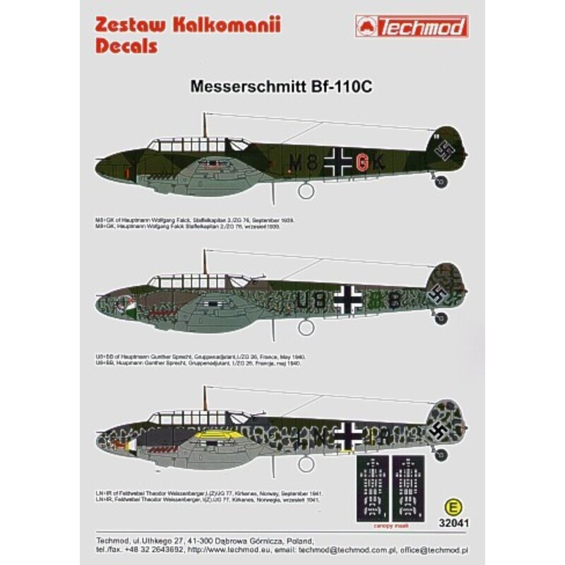 Meserschmitt Bf 110C (3) M8+GK 2/ZG76 Wolfgang Flack Staffelcapitan Sept 1939 U8+BB 1/ZG26 tGunther Sprecht France 1940 LN+IR 1.