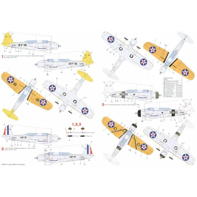 Vought SB2U Vindicator (5) All USN yellow-wings. 2-F-19 VF-2 yellow tail NAS North Island 3-B-10 VB-3 White tail black fuselage 