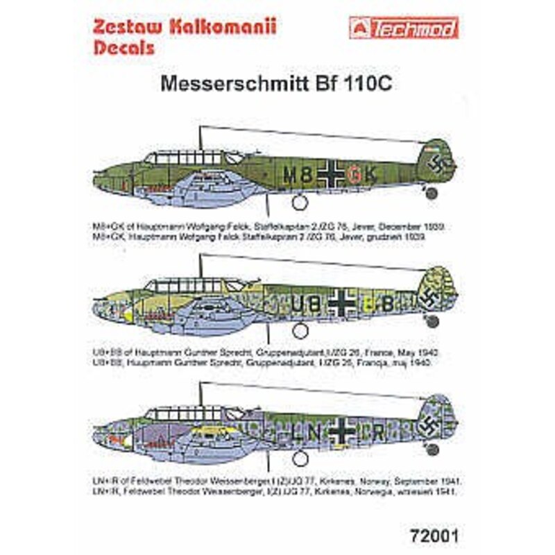 Messerschmitt Bf 110C (3) M8+GK Hptm Wolfgang Falck Staffelkapitan 2/ZG76 1939 RLM 70/71/65 U8+BB Hptm Gunther Sprecht I/ZG26 Fr