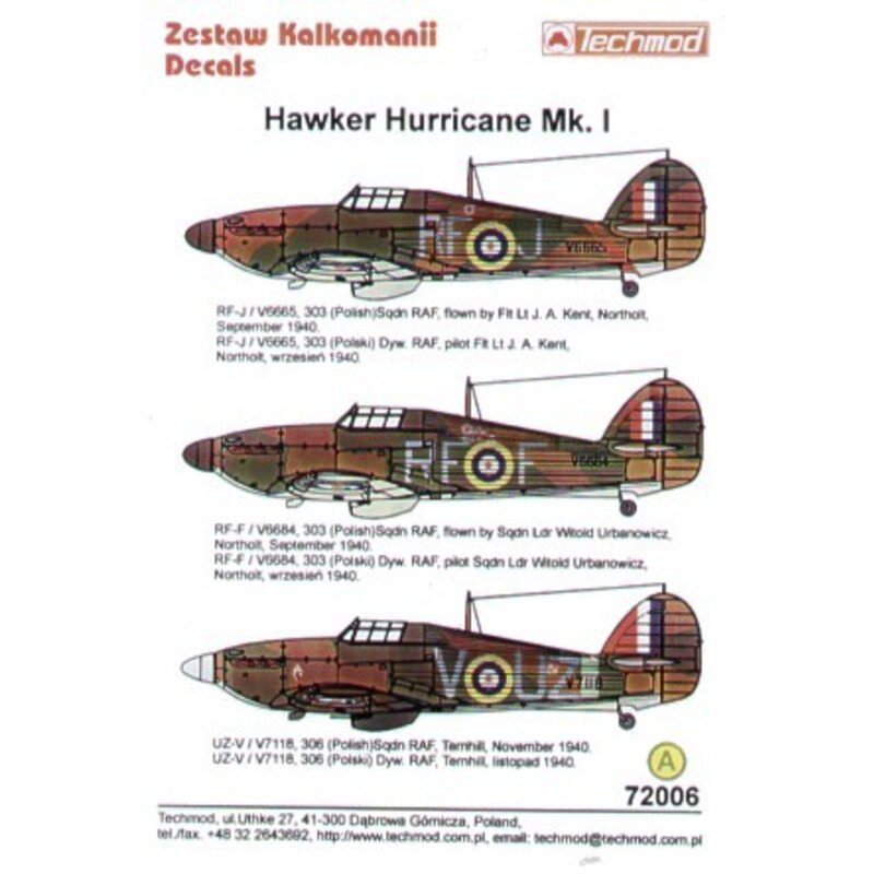 Hawker Hurricane Mk.I (3) V6665 RF-J Flt Lt J.A.Kent V6684 RF-F S/L Witold Urbanowicz. both 303 (Polish) Squadron Northolt 9/194