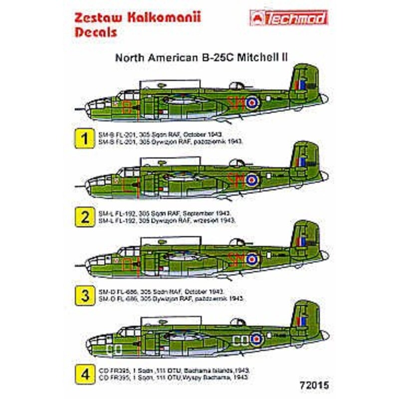 North American B-25C Mitchell III (4) FL201 SM-B FL192 SM-l FL686 SM-O all 305 Squadron 1943 FR395 CO-CO 1 Squadron 111OTU. all 