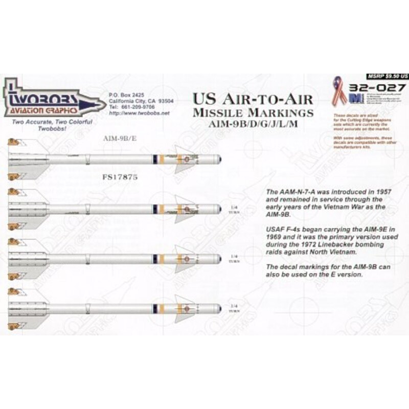 US Air-to-Air Missile Markings for AIM-9B/D/G/J/L/M and AIM-7E-2/M. Now you can smarten up the missiles on your model with authe