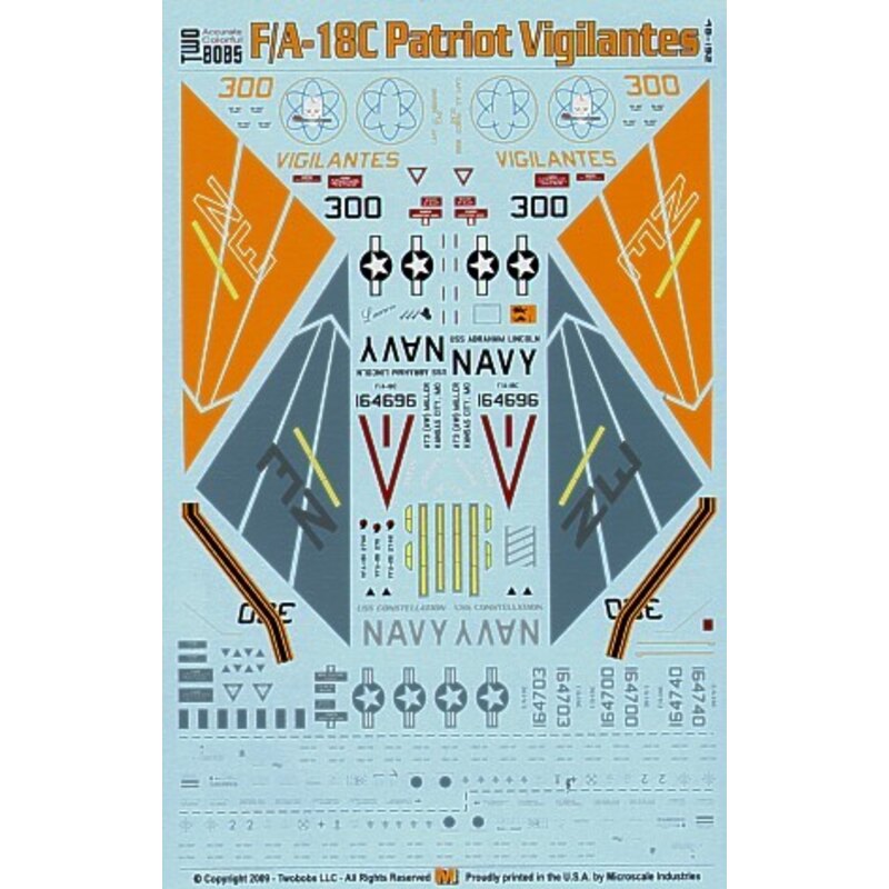 Decals McDonnell Douglas F/A-18C (2) 164696 NE/300 CAG with coloured markings USS Abraham Lincoln 2008 164703 NE301 CA with low 