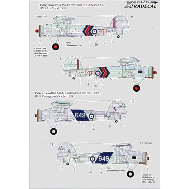 Fleet Air Arm Fairey Swordfish 1938-39 (4) L9777/701 814 NAS HMS Ark Royal 1939 blue/red/blue fuselage band K8449/649 820 NAS HM