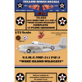 Decals Grumman F4F-3 VMF-211 `Wake Island Wildcats′. Markings for complete 12 plane Squadron 211-F-1 to 211-F-12. Blue-grey/Lt G