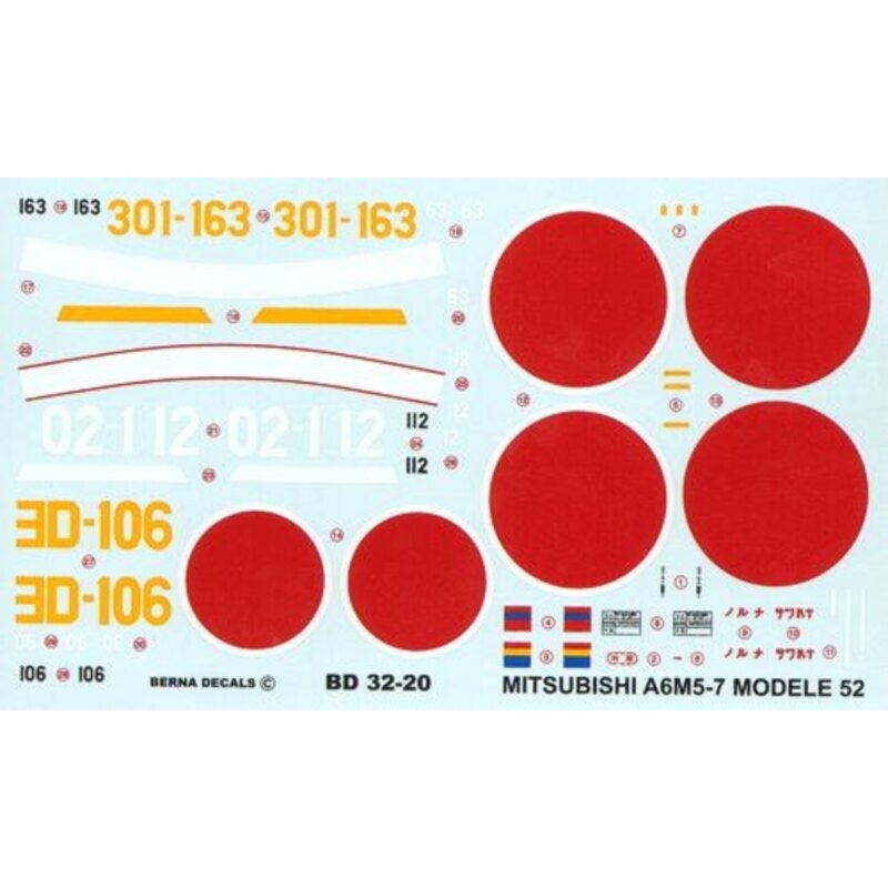 Decals Mitsubishi ZERO A6M5-7 Model 52-63: Morioka (ED-106) 1945, 201 Kokutai (02-112) 25/10/1944, Suzuki (301-163) 1944 