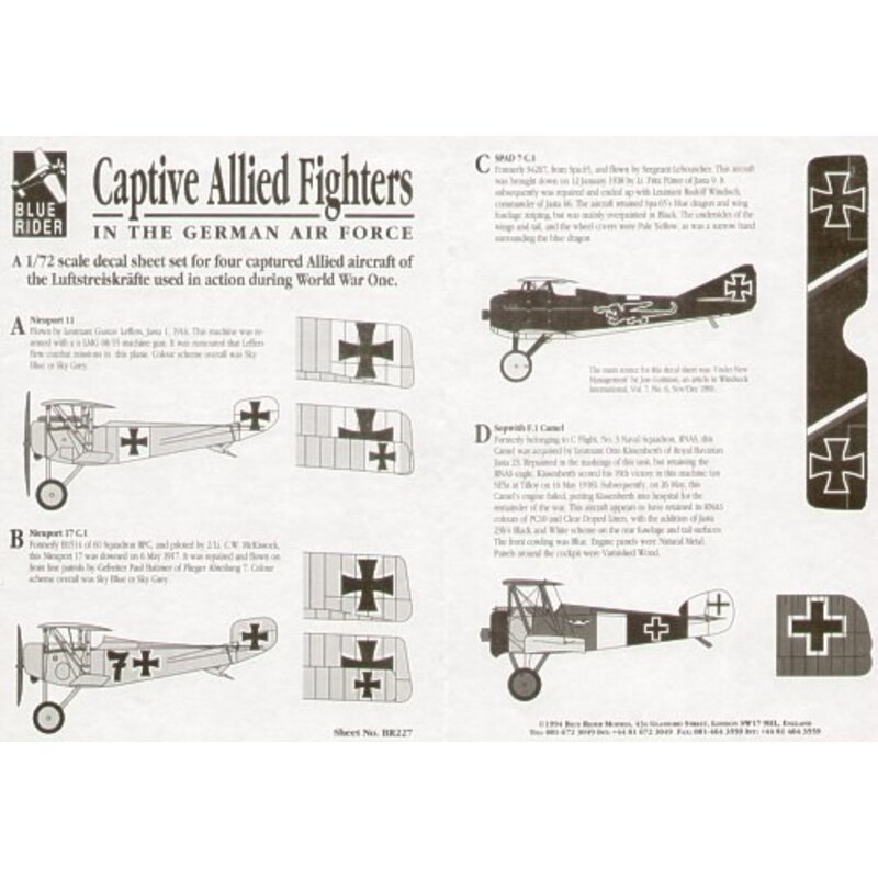 WWI Captured Allied Fighters in German service (4) Nieuport 11 Nieuport 17 C.1 No 7 Spad 7 C.1 Sopwith Camel (includes a useful 