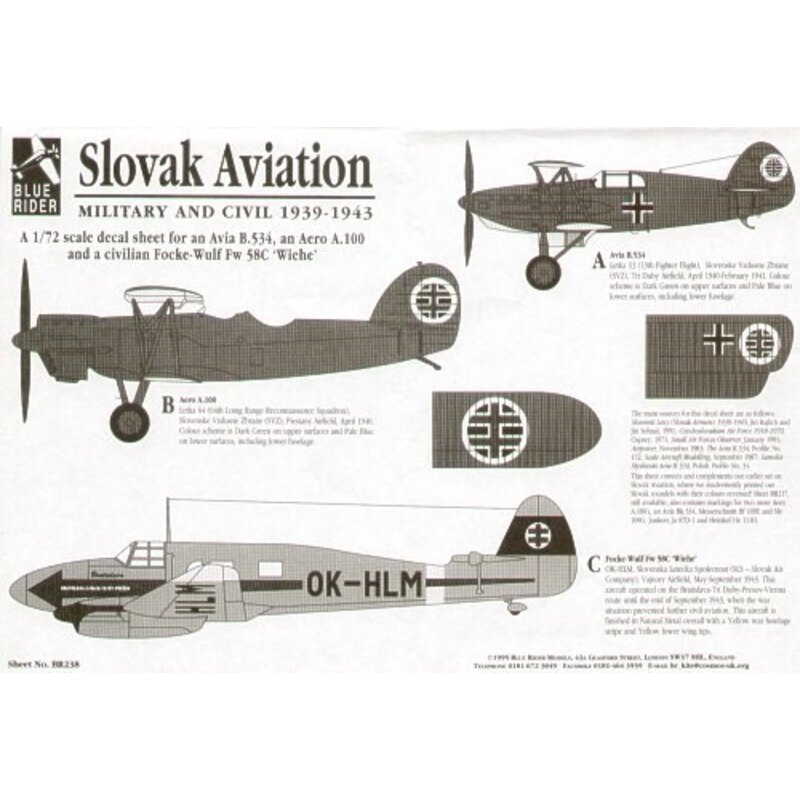 Slovak Aviation (3) Aer A.100 1940 Avia B-534 1940/41 Focke Wulf Fw 58C OK-HLM 1943