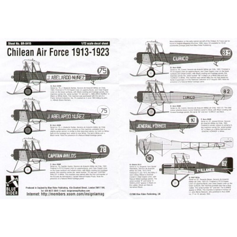 Chilean Air Force 1913-23. Five Avro 504K schemes Bleriot XI-2 SE 5A