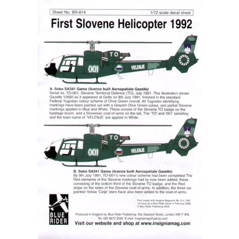 First Slovene Helicopter 1992. Two versions of license built SA341 Gazelle TO-001