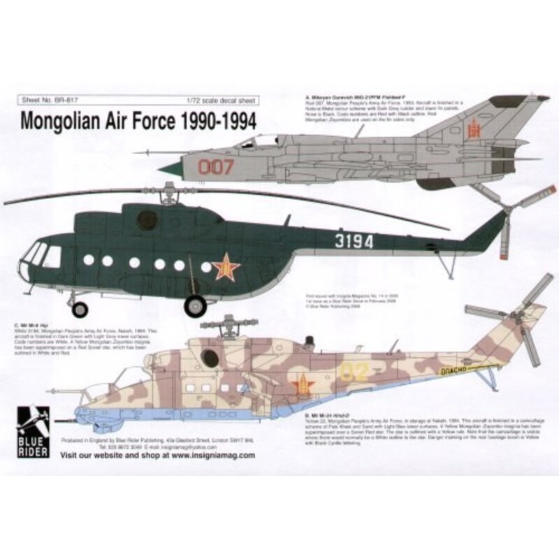 Mongolian Air Force 1990-94 (3) Mikoyan MiG-21PFM Red 007 Mil Mi 8 Hip White 3194 Mil Mi-24 Hind D Yellow 02