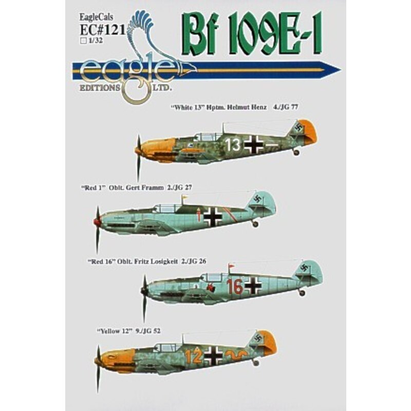 Messerschmitt Bf 109E-1 Pt 2 (4) White 13 4/JG77 Hptm Helmut Henz 1941 Red 1 2/JG27 Oblt Gert Framm 1940 Red 16 2/JG26 Oblt Frit