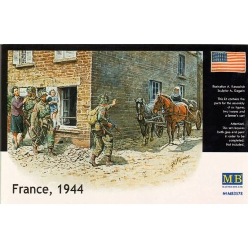 France 1944. Includes 3 x soldiers including 1 carrying child, 1 helping young lady, 1 cart, 2 horses and Nun.