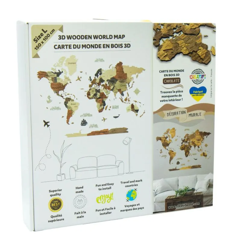 3D WOODEN WORLD MAP chocolate L