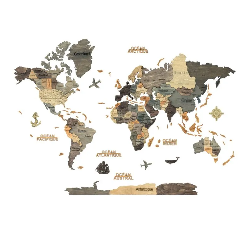 3D WOODEN WORLD MAP graphite L