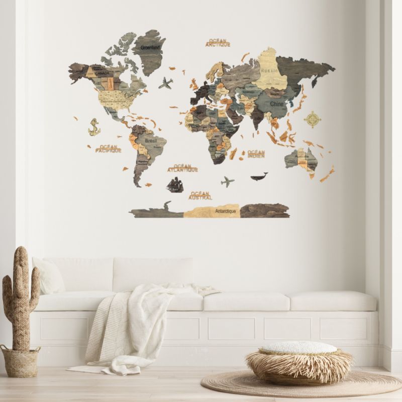 3D WOODEN WORLD MAP graphite L