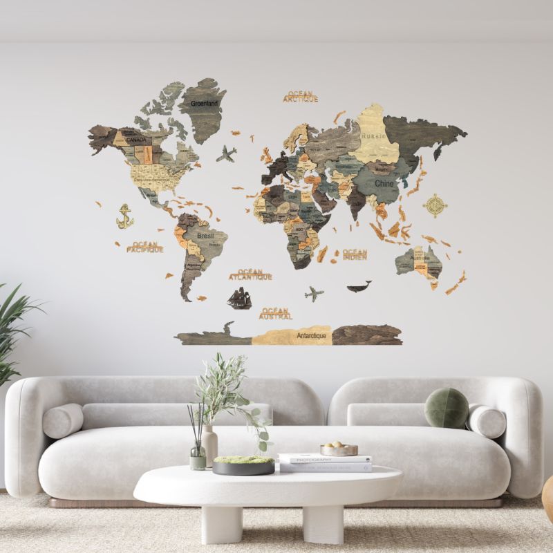 3D WOODEN WORLD MAP graphite L