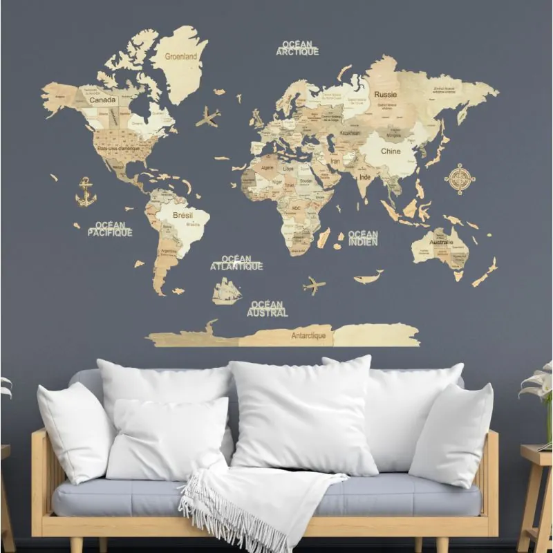 Clear 3D WOODEN WORLD MAP XL