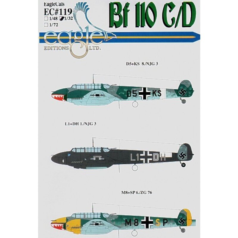 Messerschmitt Bf 110C/D Pt 3 (3) D5+KS 8./NJG 3 shark mouth M8+SP 6./ZG76 shark mouth yellow nose engine nacelles rudders. Both 