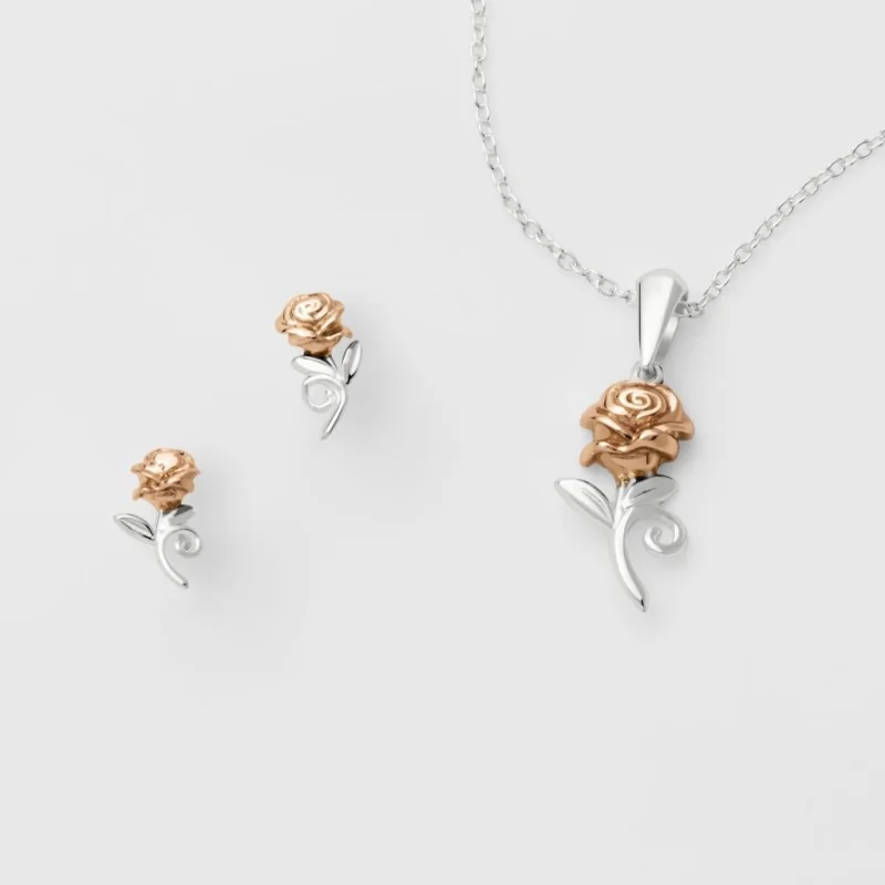 BEAUTY & THE BEAST - Pink - Silver Necklace + Stud Earrings Set