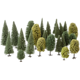 Set of 25 trees, 10 hardwoods and 15 fir trees, heights 5 to 14 cm 