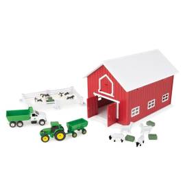 Barn with animal accessories and JOHN DEERE tractor trailer - 24 pieces