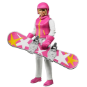 Woman on snowboard with accessories